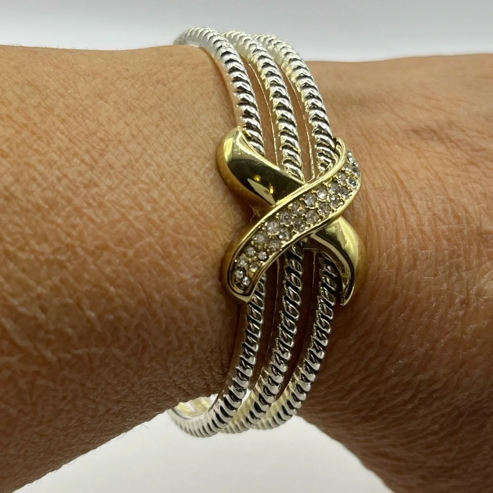 Rope Bracelet Love Crossover Silver Tone Cable Hinged Rhinestone Bangle Chunky